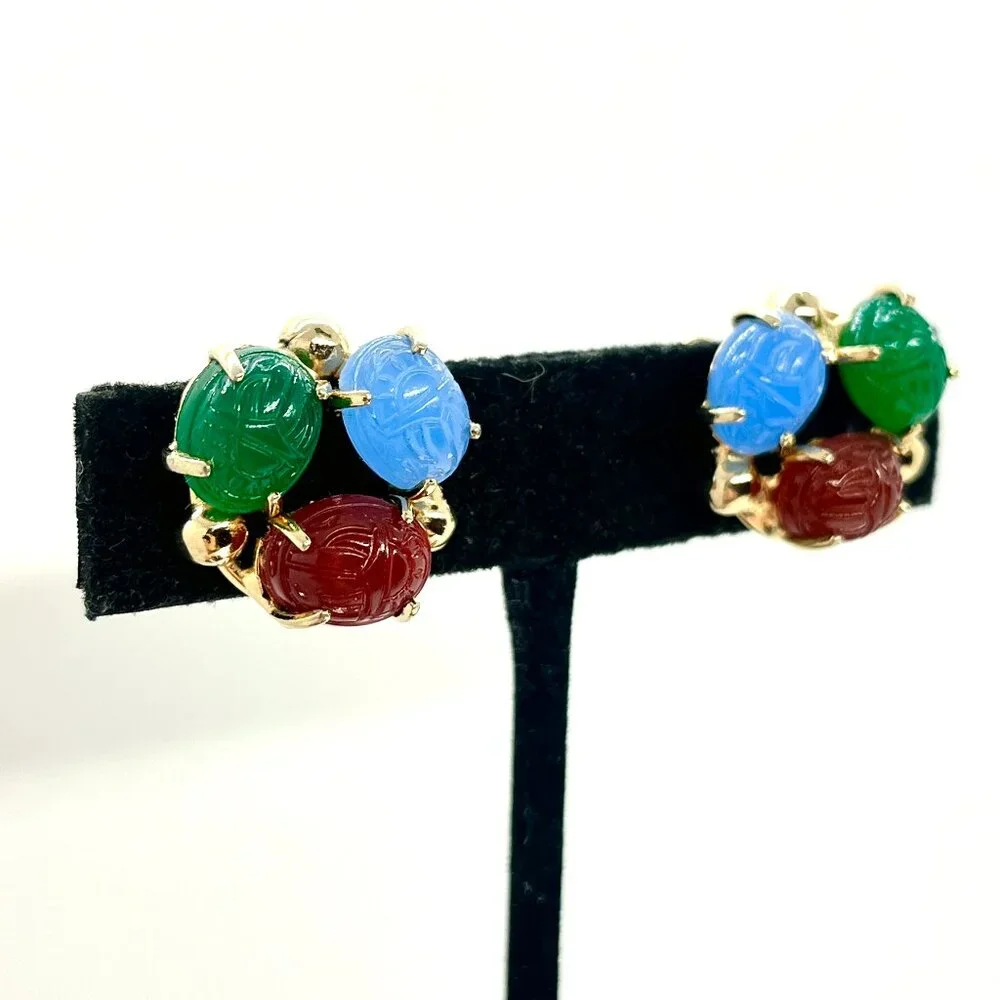Vintage GLASS SCARAB Earrings Egyptian Revival Gold Tone Screwback - Picture 3 of 13